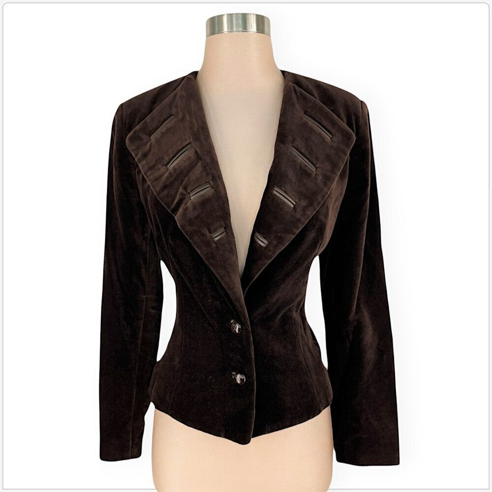 Zelda Dark Brown Velvet Blazer Jacket Leather Trim Fitted Lined New NWT Size 6
